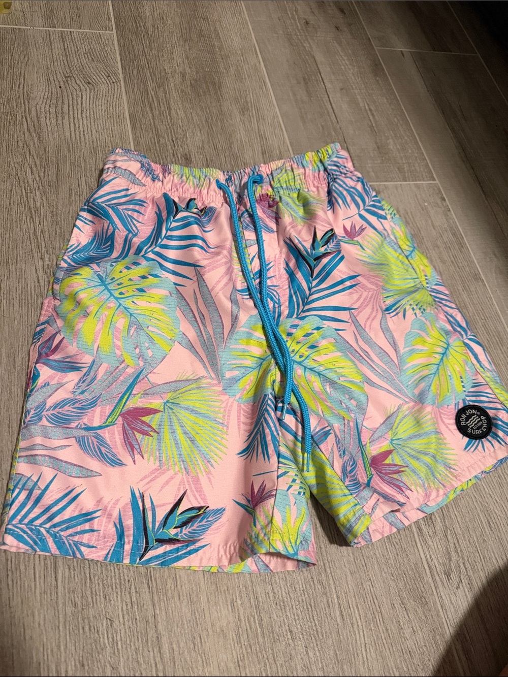 Men's Ron Jon’s Pink Tropical Swim Trunks with Blue Drawstring